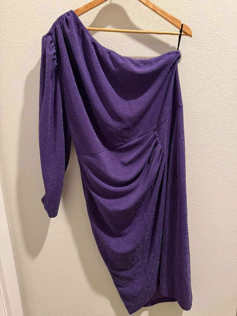 Kim Curvy Purple Glitter One Shoulder Ruched Cocktail Dress Size 16W